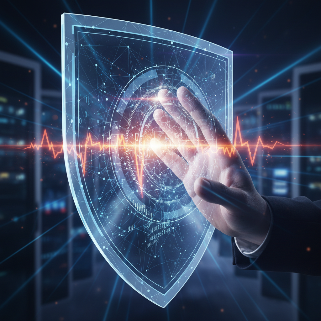 conceptual image of a human hand touching a digital holographic shield, protecting data network, cyber security awareness, photorealistic