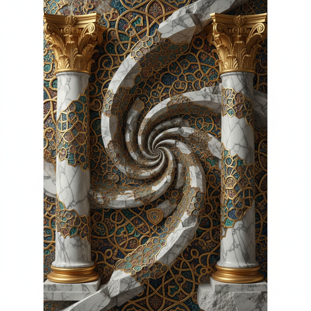 Abstract artistic representation of byzantine legacy, mixing roman columns with eastern ornamental patterns, gold and marble textures