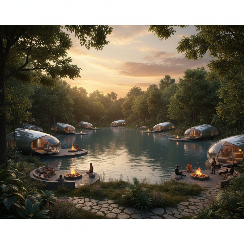 3D landscape architectural rendering, wide panoramic view of jungle side lake area in Dandeli during beautiful sunset, warm golden orange pink sky reflecting on water, surrounded by dense lush forest, advanced futuristic pods arranged by the water with campfires, chill and pleasant vibe, realistic landscape model style, high detail, photorealistic