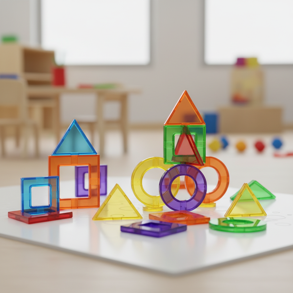 Colorful geometry logic blocks for kids, plastic shapes, educational toy, bright colors, close up