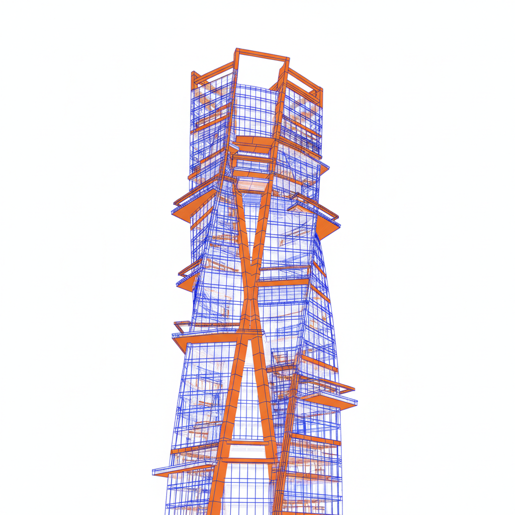 Architectural wireframe of a modern building, rising upwards, orange and blue lines, white background