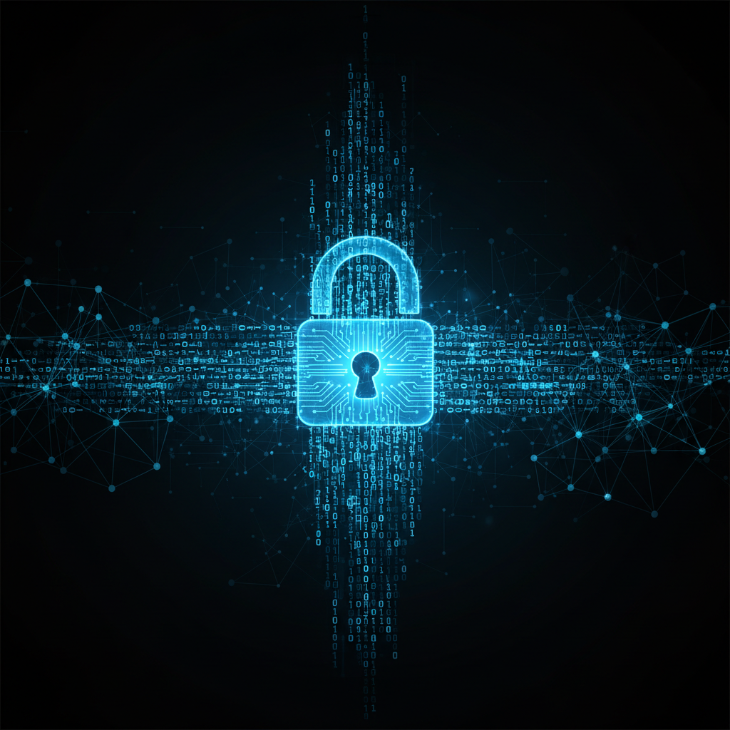 abstract digital security background, cyber lock, blue binary code matrix, high tech style, 8k resolution, dark theme