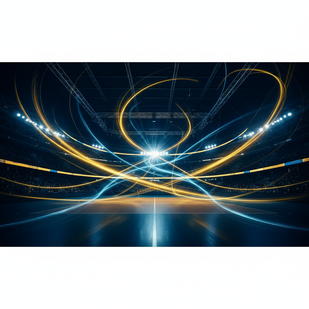 professional volleyball court stadium lighting abstract dynamic background, dark blue and yellow tones, 8k resolution, cinematic lighting