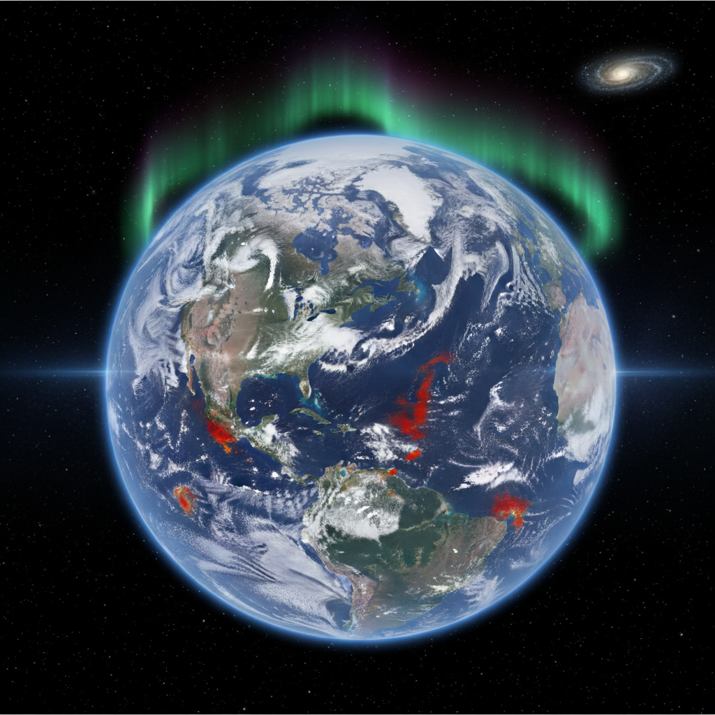 View of earth from space focusing on the northern atmosphere, showing turbulent weather patterns and heat visualization layers, realistic style