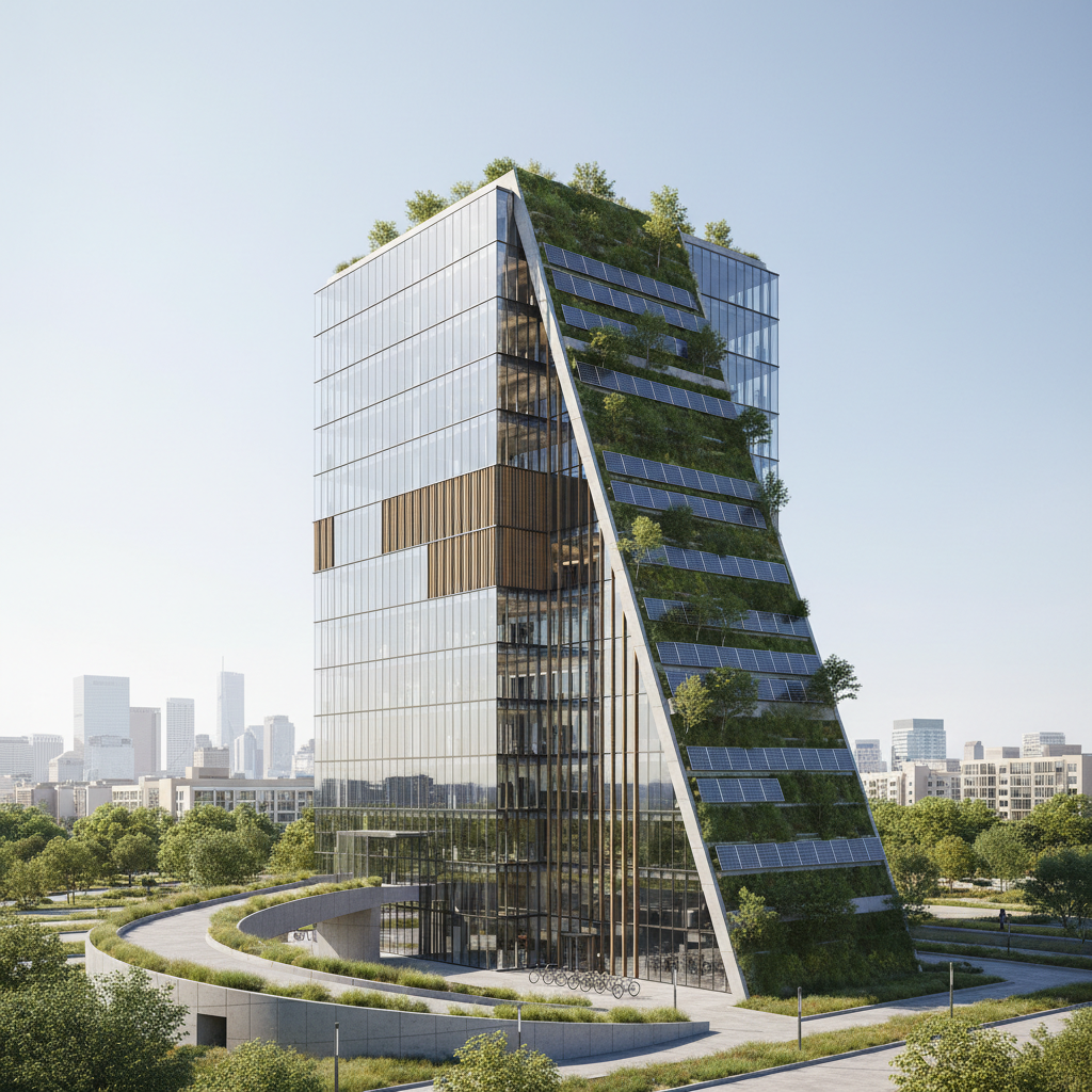 Modern eco-friendly architecture of a convention center with a green roof, glass facade, and solar panels, photorealistic, daylight