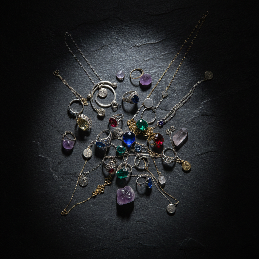 Artistic shot of multiple jewelry pieces (rings, necklaces) arranged artistically on a dark stone surface, spotlighting, high contrast
