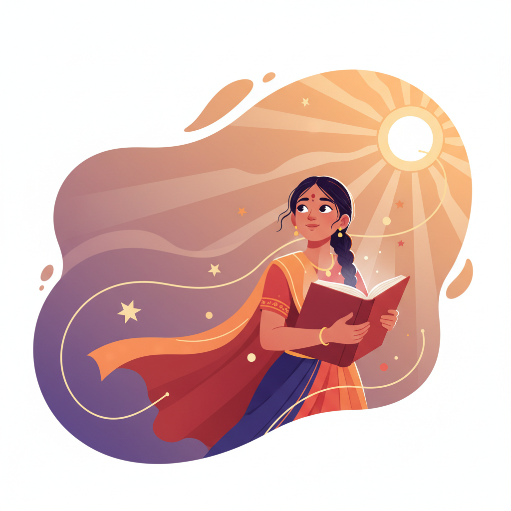 A warm, artistic vector illustration of a young Indian girl holding a large book, looking upwards towards a bright sun, symbolizing education and hope, soft orange and purple gradient background.