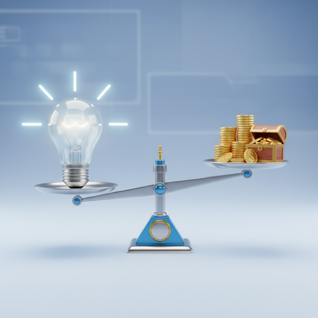 3D render of a scale weighing 'Innovation' (represented by a lightbulb) against 'Price' (represented by gold coins), clean background, corporate style