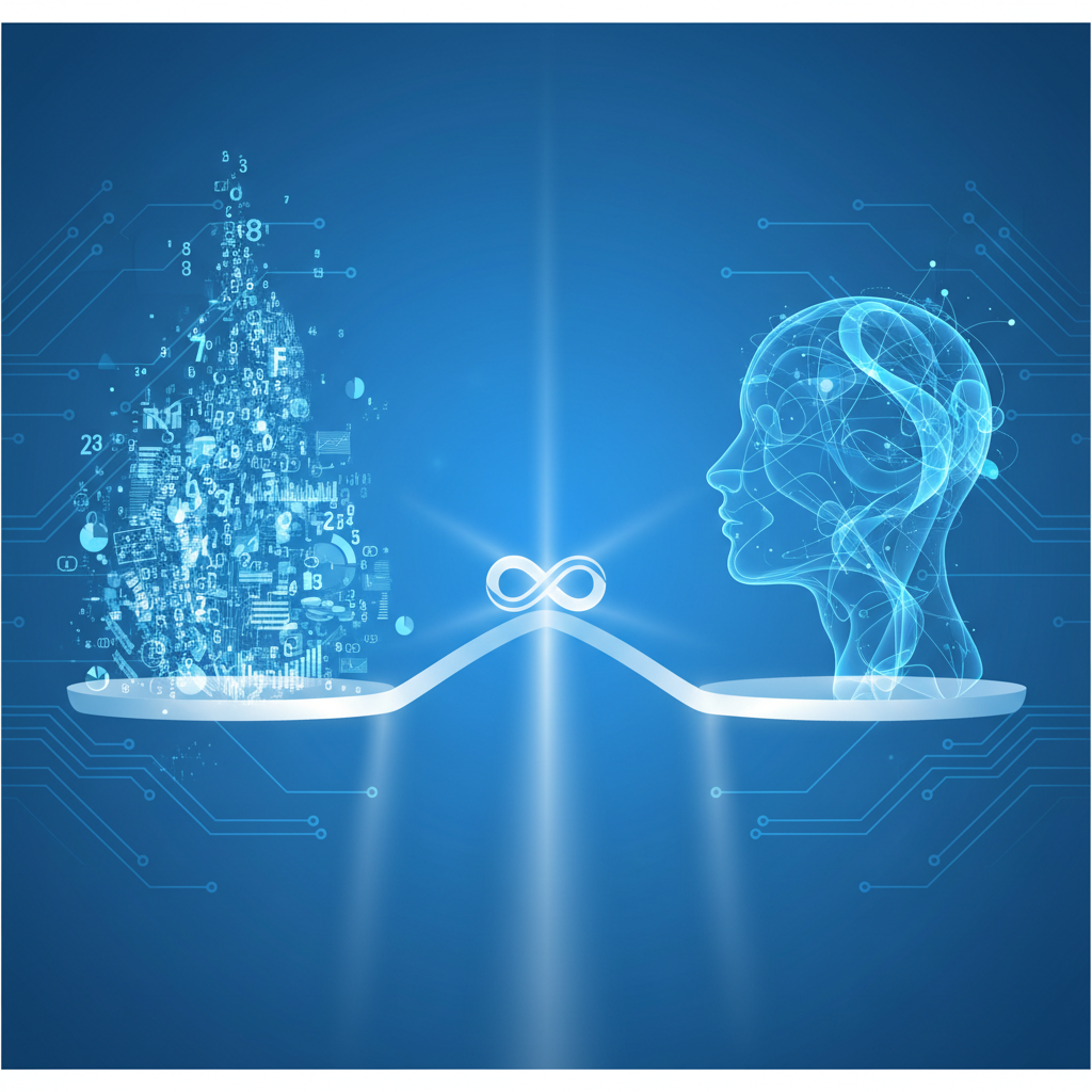 Abstract digital art representing a balance scale, one side consisting of digital numbers and charts (quantitative), the other side consisting of a human profile silhouette (qualitative), clean blue technological style