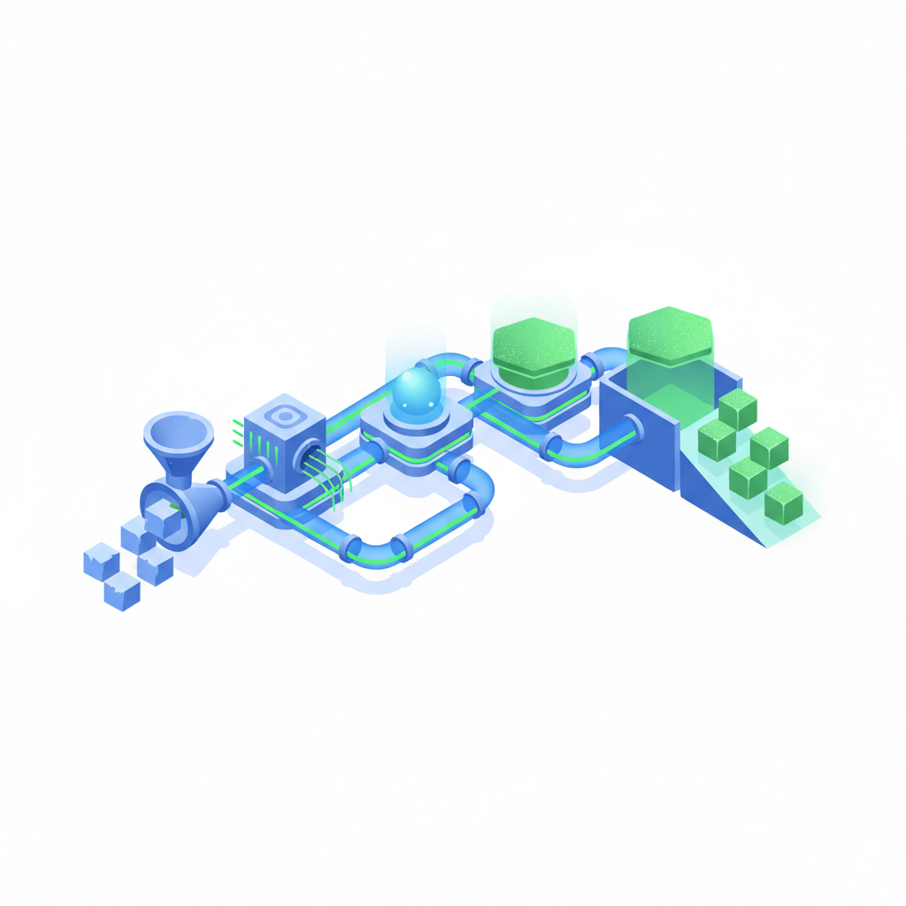 Minimalist isometric diagram of a data factory pipeline, moving from raw blocks to polished cubes, blue and green color scheme, white background