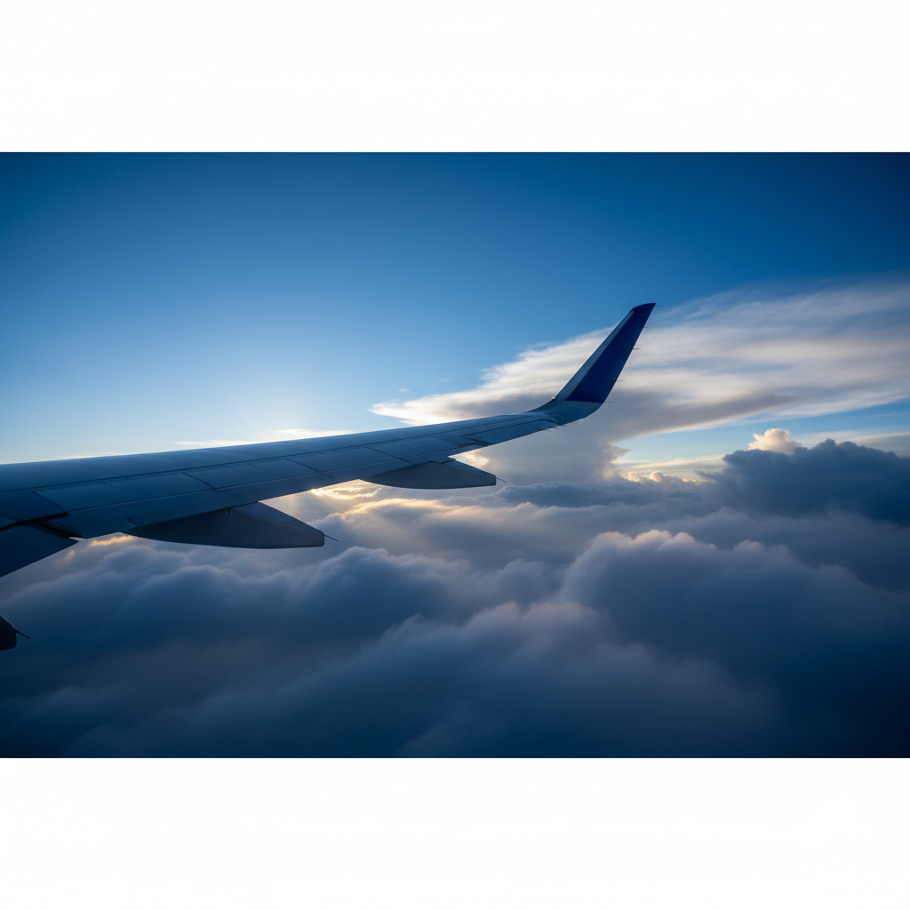 Cinematic view of a commercial airplane wing appearing through clouds mostly on the right side, dramatic lighting, 8k resolution, minimalist, corporate blue tones