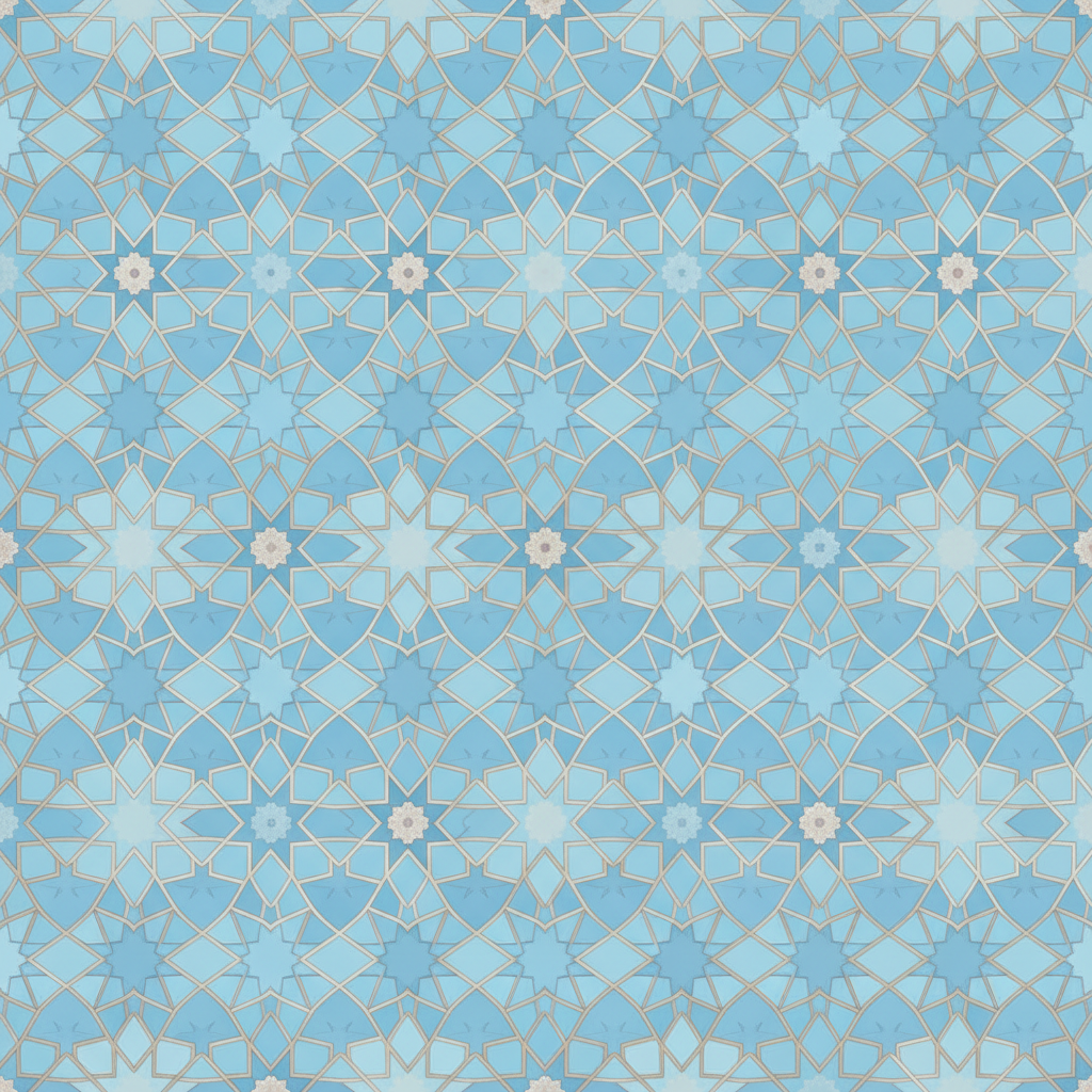 A clean, professional abstract background with islamic geometric patterns in soft blue and gold colors, minimal style, high quality