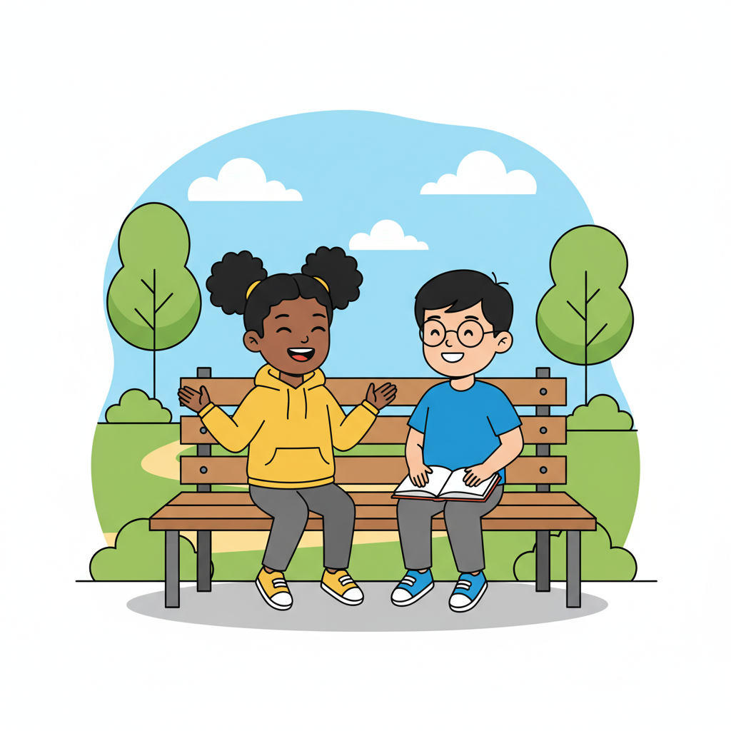 Two diverse kids chatting on a bench in a park, cartoon vector style