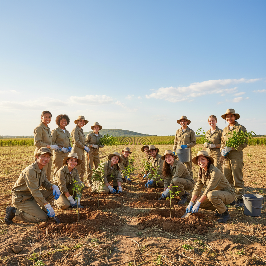 group of diverse students and volunteers planting young trees in a field, sunny day, blue sky, hopeful atmosphere, photorealistic