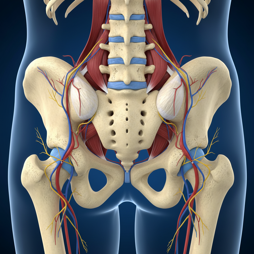 Deep anatomical view of the posterior hip joint showing small rotator muscles (Pisiformis, Gemelli, Obturator, Quadratus femoris), realistic style
