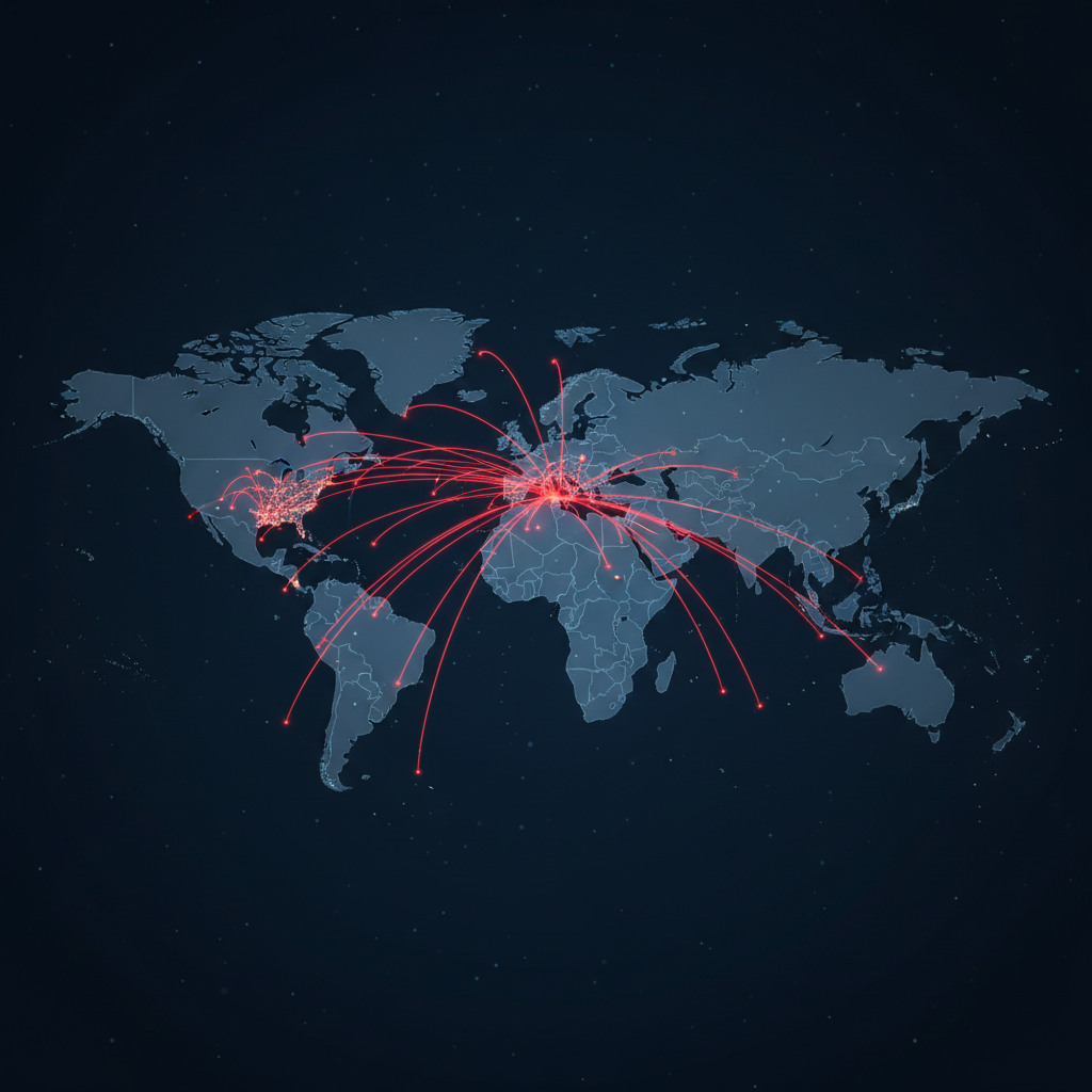 Map of the world with red connection lines originating from Israel to USA and Europe, symbolizing digital fraud traffic