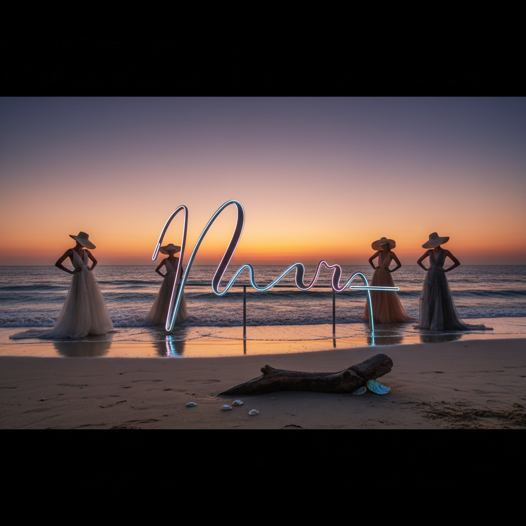 High-end fashion editorial shot of a sunset on a private beach, with a sleek neon sign reading 'COMING SOON' glowing softly, minimal and atmospheric, travel magazine cover style.