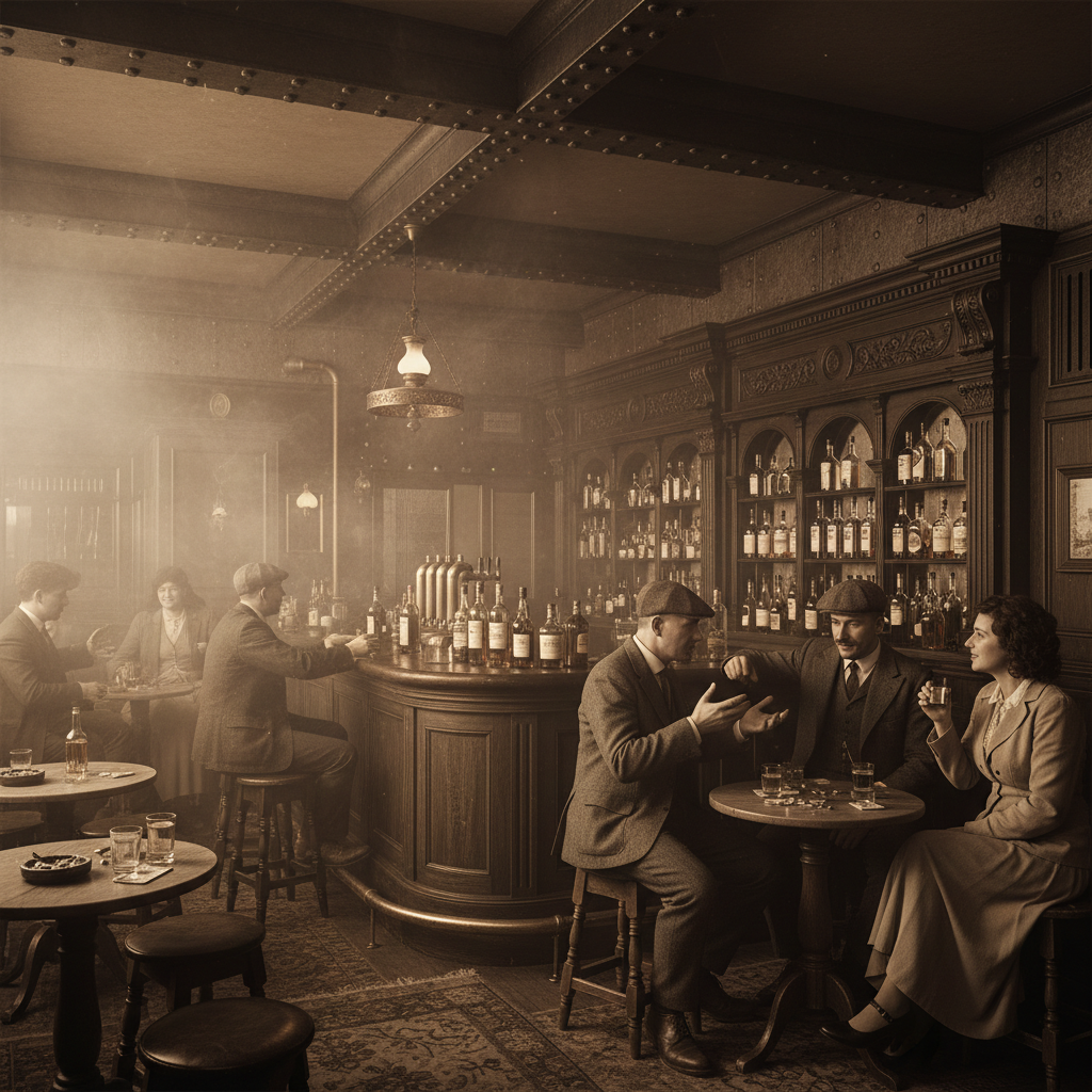 Vintage 1920s english pub interior, bottles of whiskey, smoke, dark wood, industrial birmingham vibe, sepia