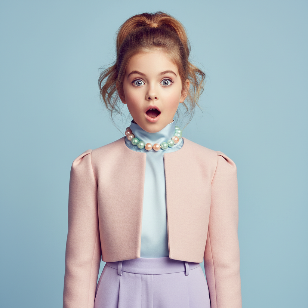 Sleek editorial fashion portrait of a stylish 10-year-old girl with a high ponytail, expressing 'whoa' emotion but in a chic way, wearing high-end pastel fashion, studio lighting, solid pastel background, Vogue Kids style.