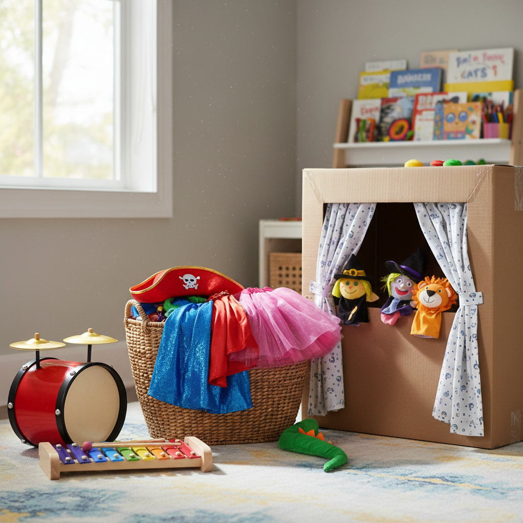 Kids music and theater corner, basket of costumes, toy drums and xylophone, puppet theater stage made of cardboard