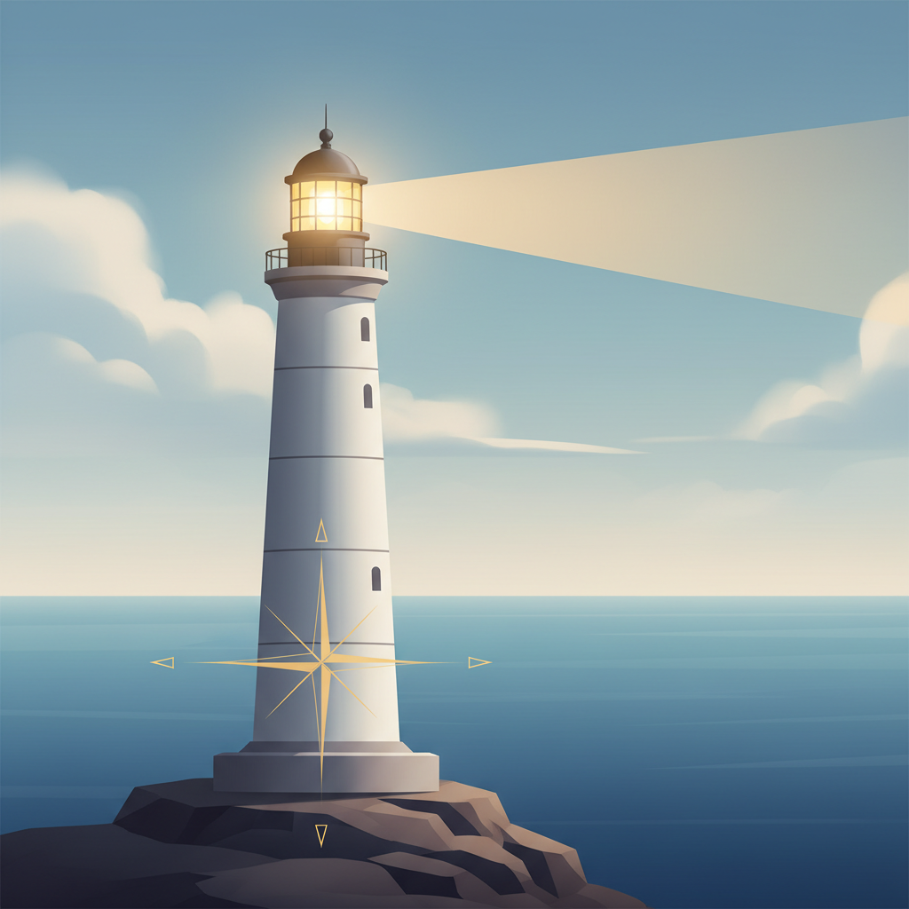 Symbolic image of a compass or a lighthouse, representing ongoing guidance and direction, clean style