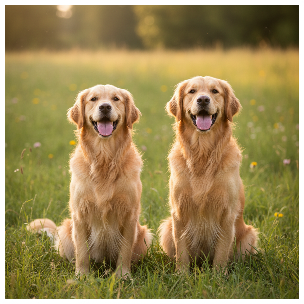 Two golden retriever dogs sitting side by side in green grass, cheerful atmosphere