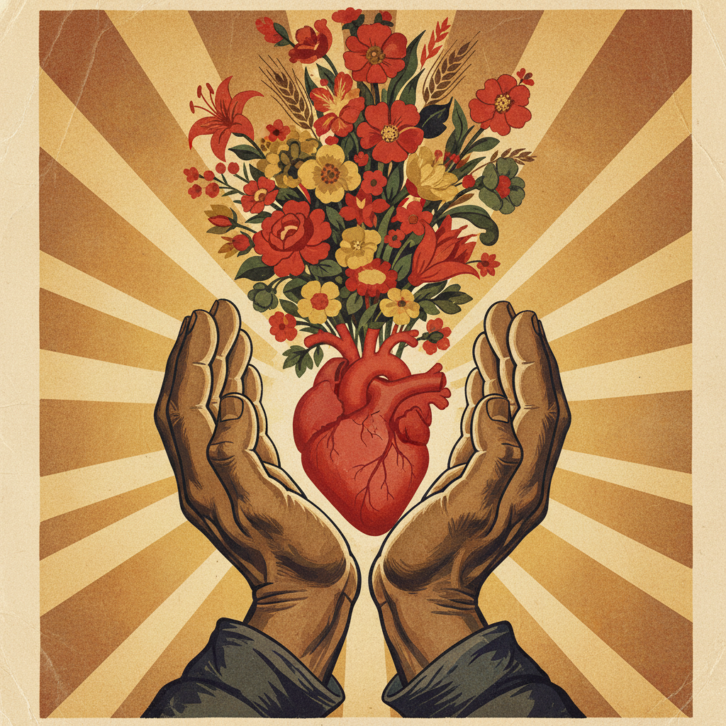Socialist realism poster style, large hands holding a glowing red heart from which flowers are blooming, sunrays in background, textured paper look