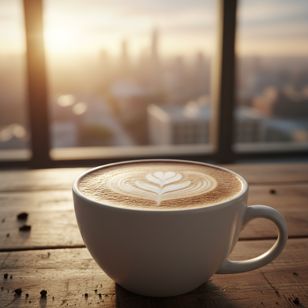 A close up of a perfectly poured cappuccino on a wooden table with a blurred city skyline in the background, warm morning light