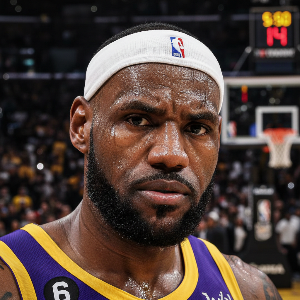 LeBron James sweating heavily late in a playoff game, intense focus, close up