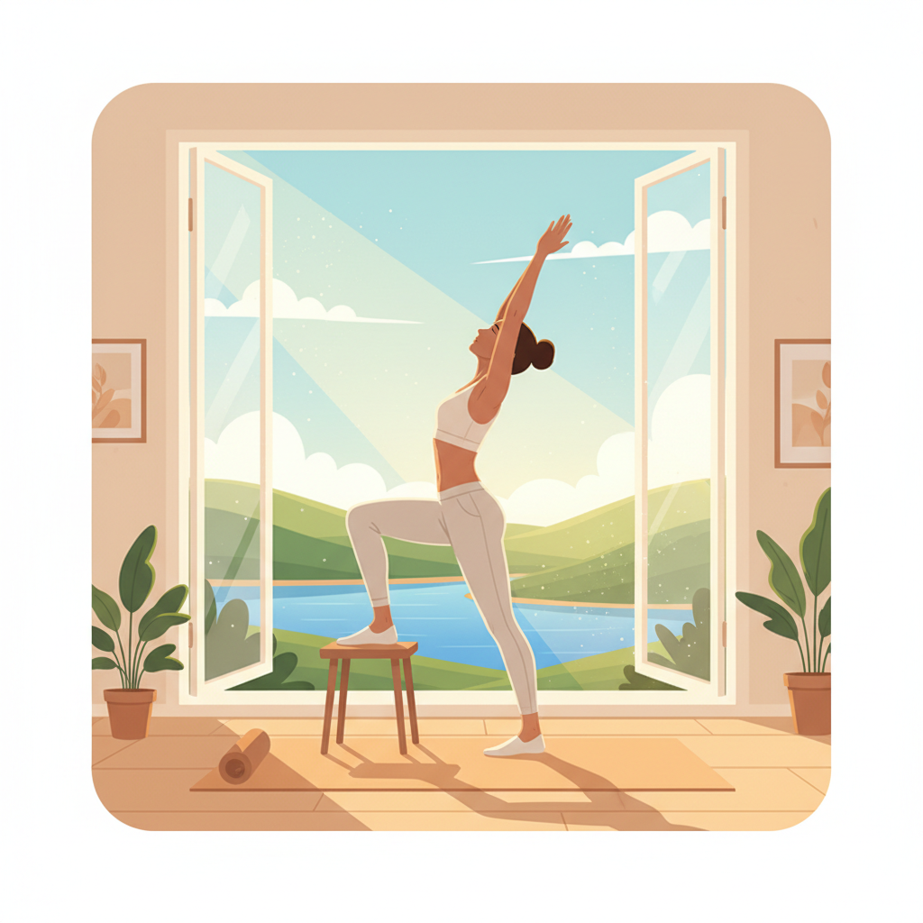Illustration of a person stretching in front of an open window with bright morning sunlight streaming in, healthy lifestyle concept