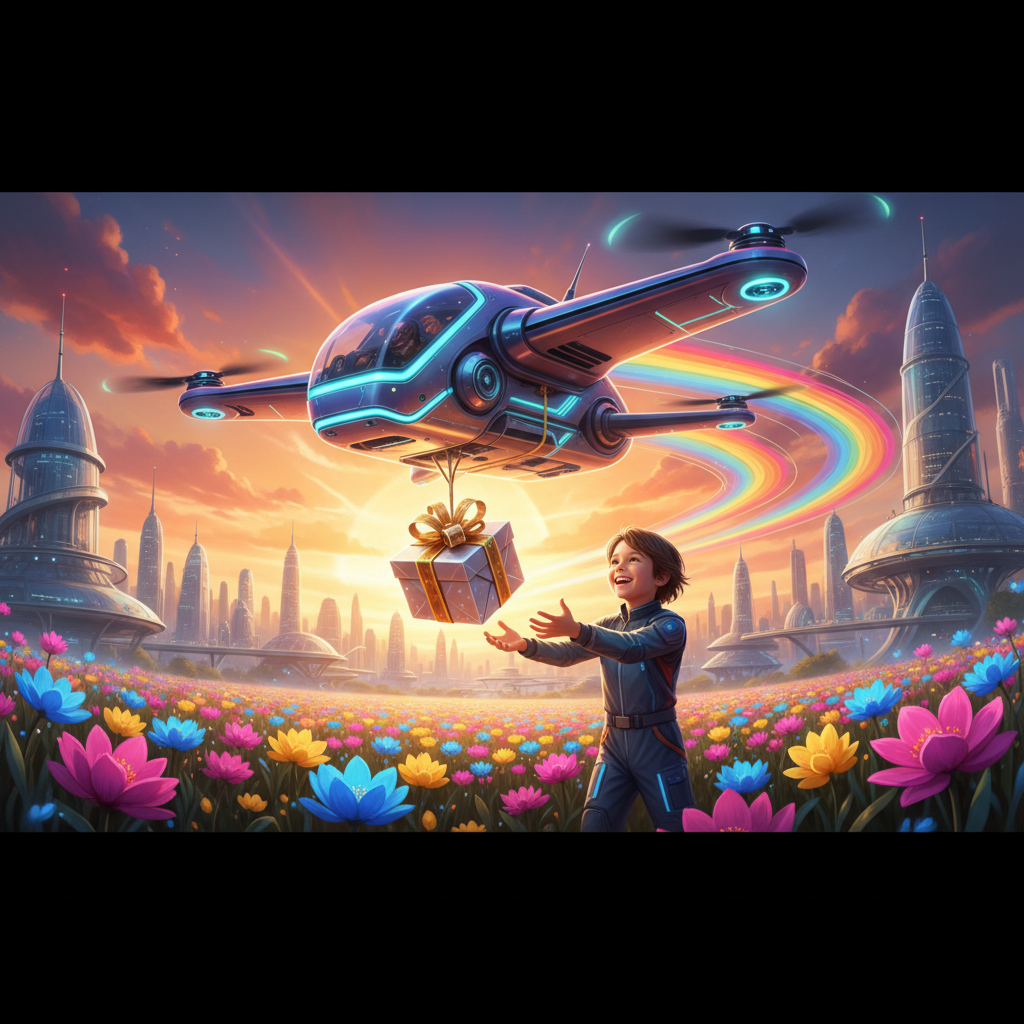 A futuristic delivery drone enjoying a sunset, dropping a package to a happy child's hands, inspiring and colorful, symbolizing the future