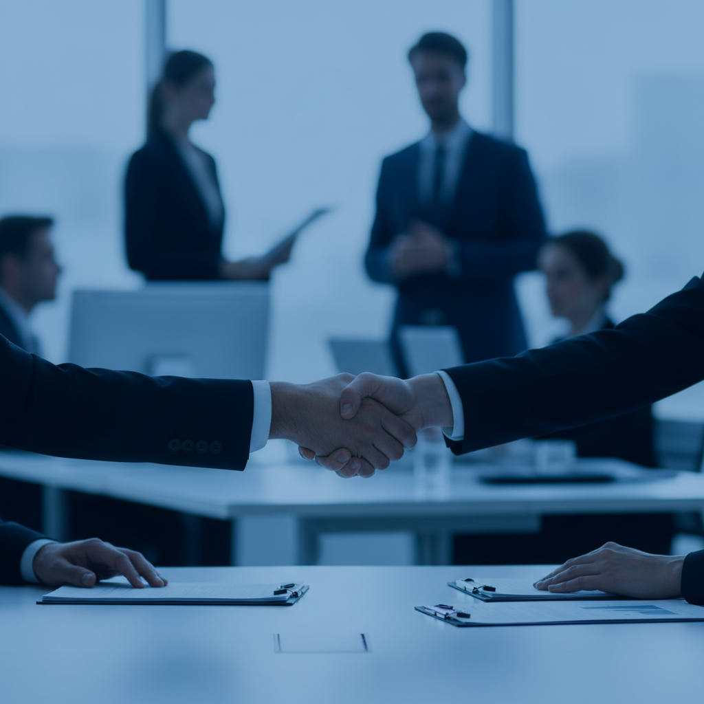 Consulting handshake or professional meeting setting, soft focus background, blue tint