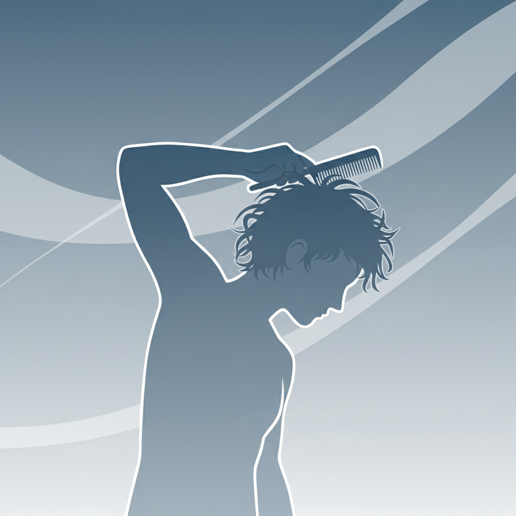 Silhouette illustration of a person struggling to comb their hair due to shoulder limitation, clean vector style graphic, blue and grey