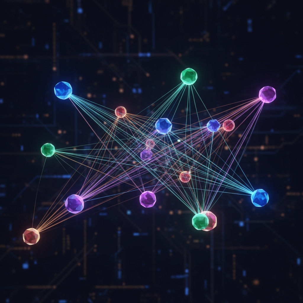 Beautifully rendered Entity Relationship Diagram (ERD) with glowing nodes and connectors, multi-colored lines representing relationships, dark schematic background