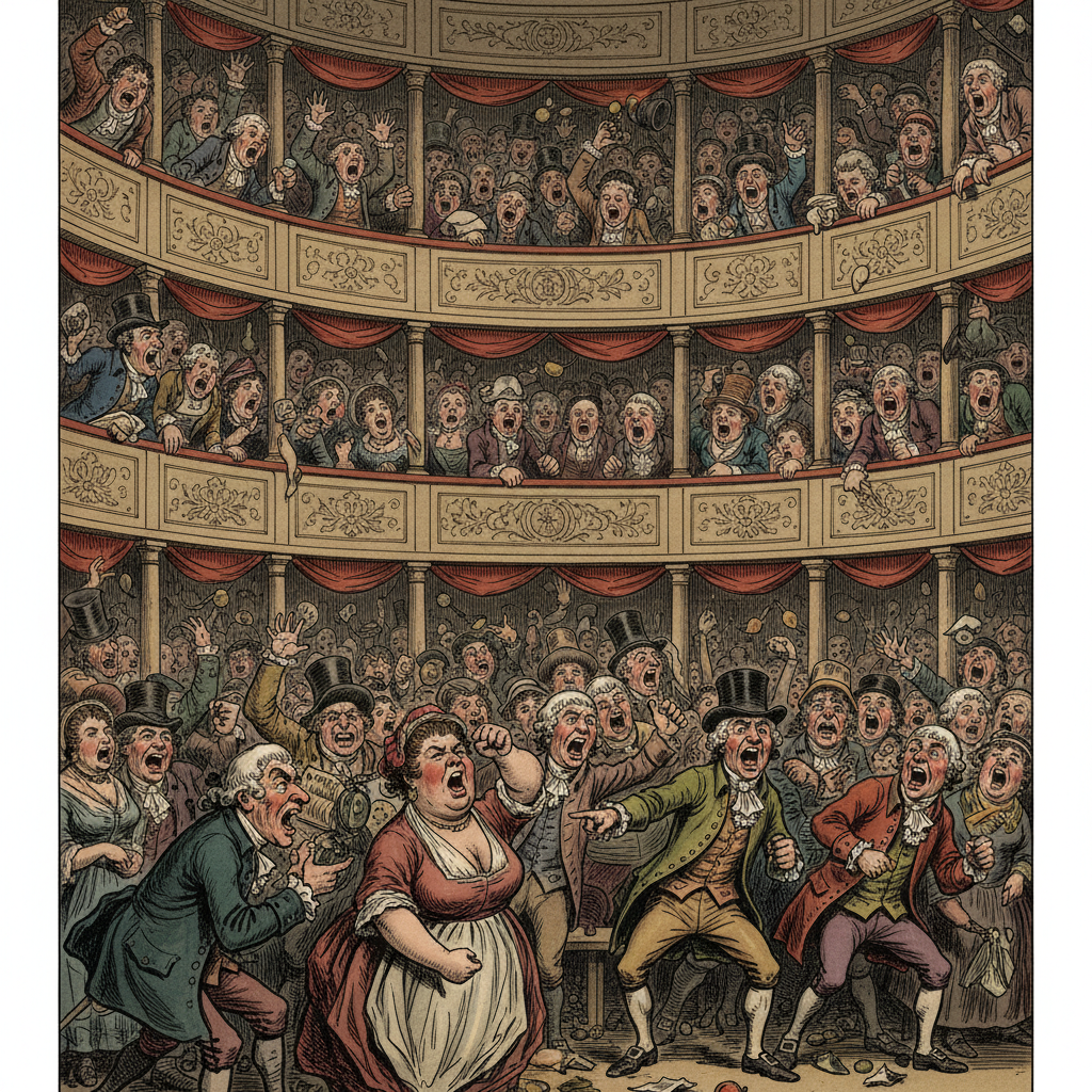 Caricature style drawing of a noisy 18th century theatre audience in London, people shouting from balconies, chaotic and lively atmosphere, George Cruikshank style