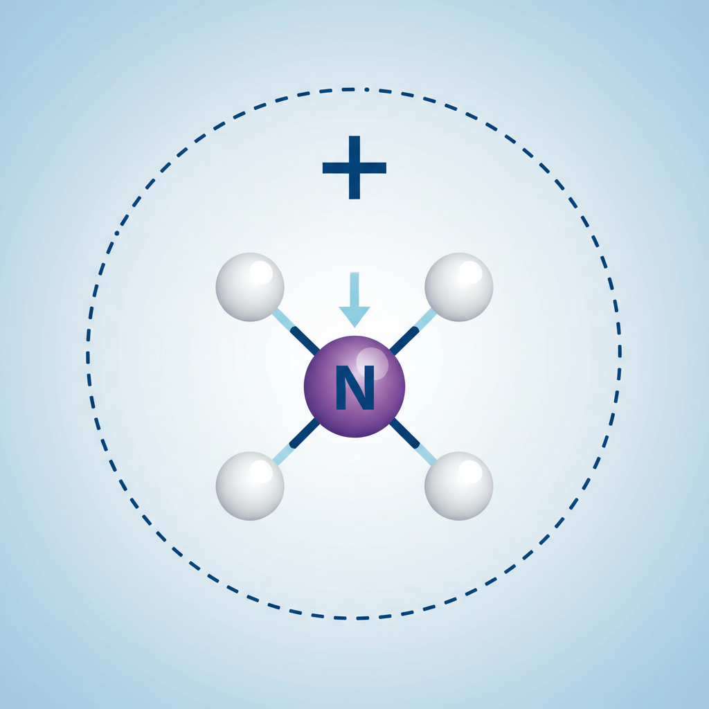 Chemical diagram of Ammonium ion NH4+, showing nitrogen in center and 4 hydrogens, indicating one bond is coordinate