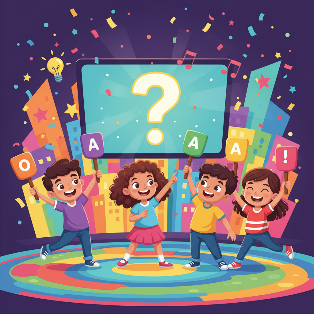 Happy cartoon children participating in a quiz game show, colorful background, fun atmosphere