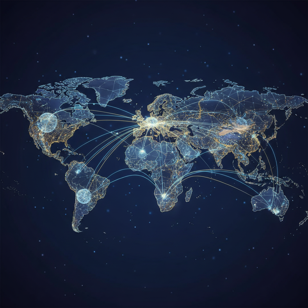 Abstract digital illustration showing Europe as a illuminated network map connected to the rest of the globe, symbolizing diplomacy and trade connections