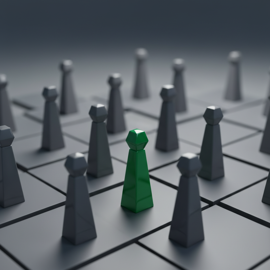Abstract chess board or strategy game concept, one green piece standing out against grey pieces, shallow depth of field, professional lighting.