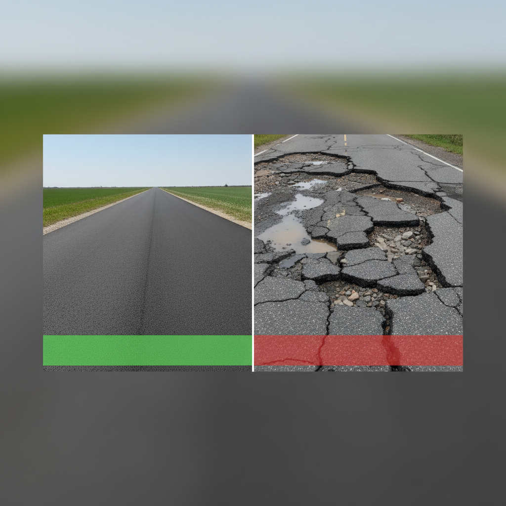 Split screen showing AI prediction results: Left side is a clean road image with a green bar labeled 'Good Road 98%', Right side is a pothole image with a red bar labeled 'Pothole 95%', digital UI style