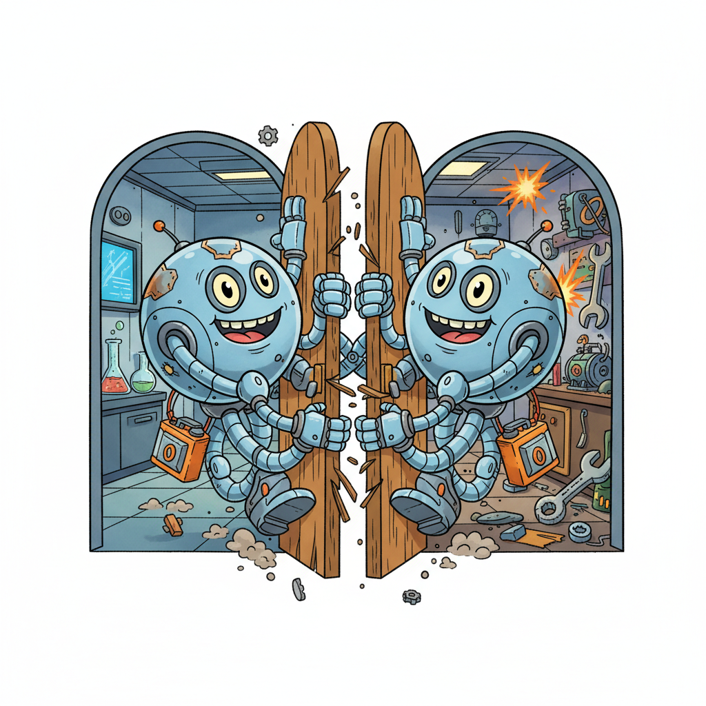 Cartoon illustration of two identical robots trying to walk through a single door at the exact same time and getting stuck, funny style, symmetry concept