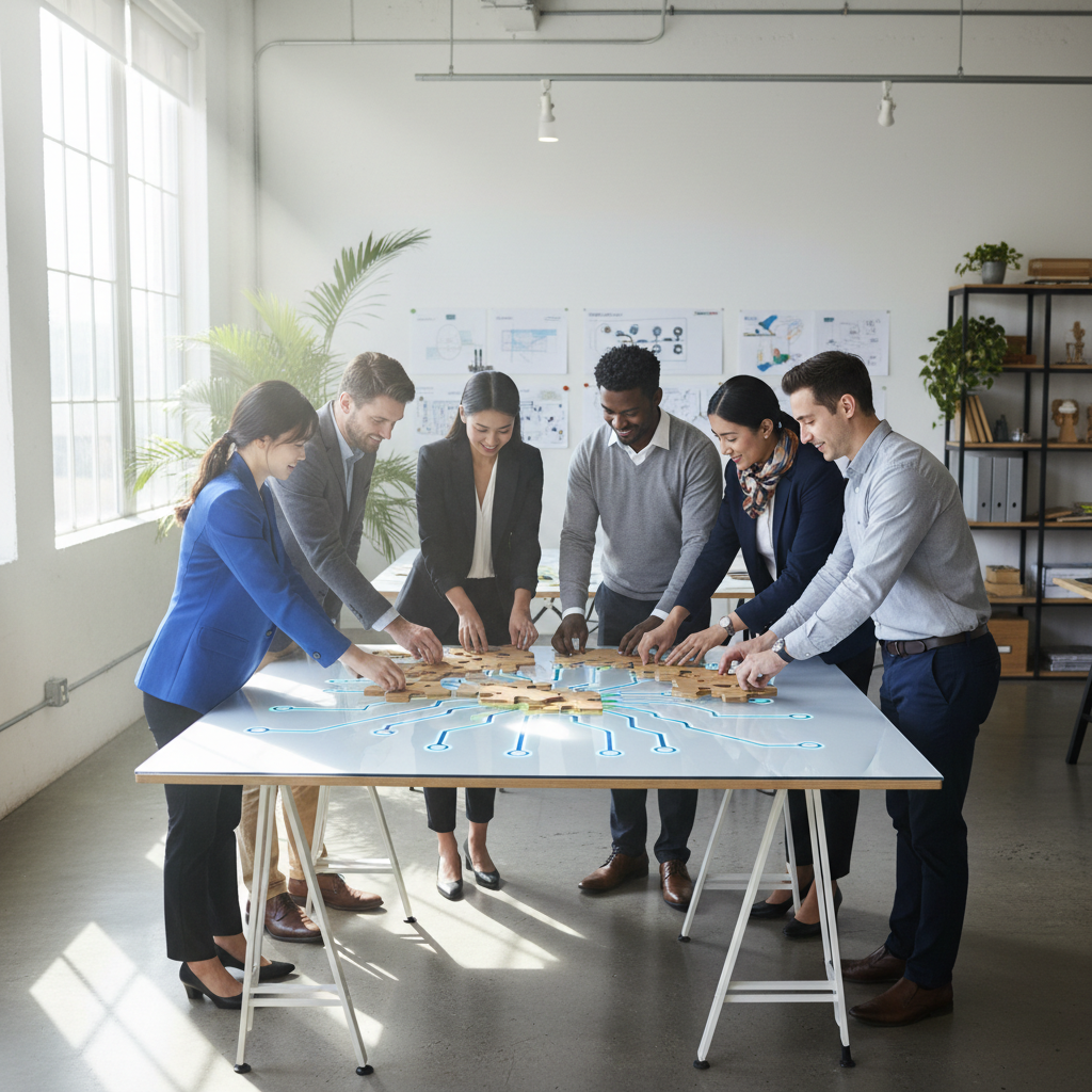 Diverse team in a workshop setting collaborating on a project, bright modern office, putting puzzle pieces together metaphor