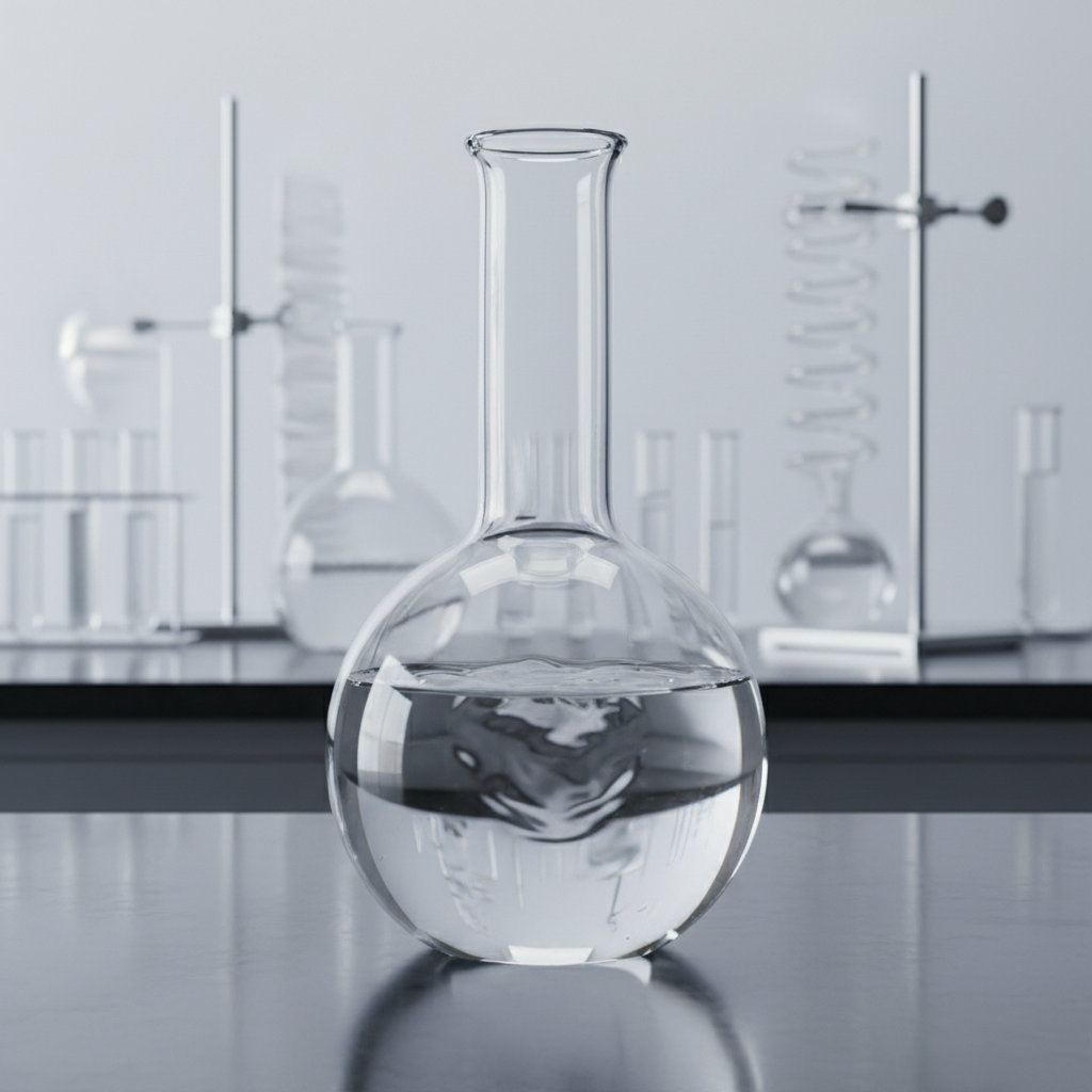 scientific illustration of a chemical laboratory flask containing clear liquid labeled Toluene C7H8, high definition, 3d render style