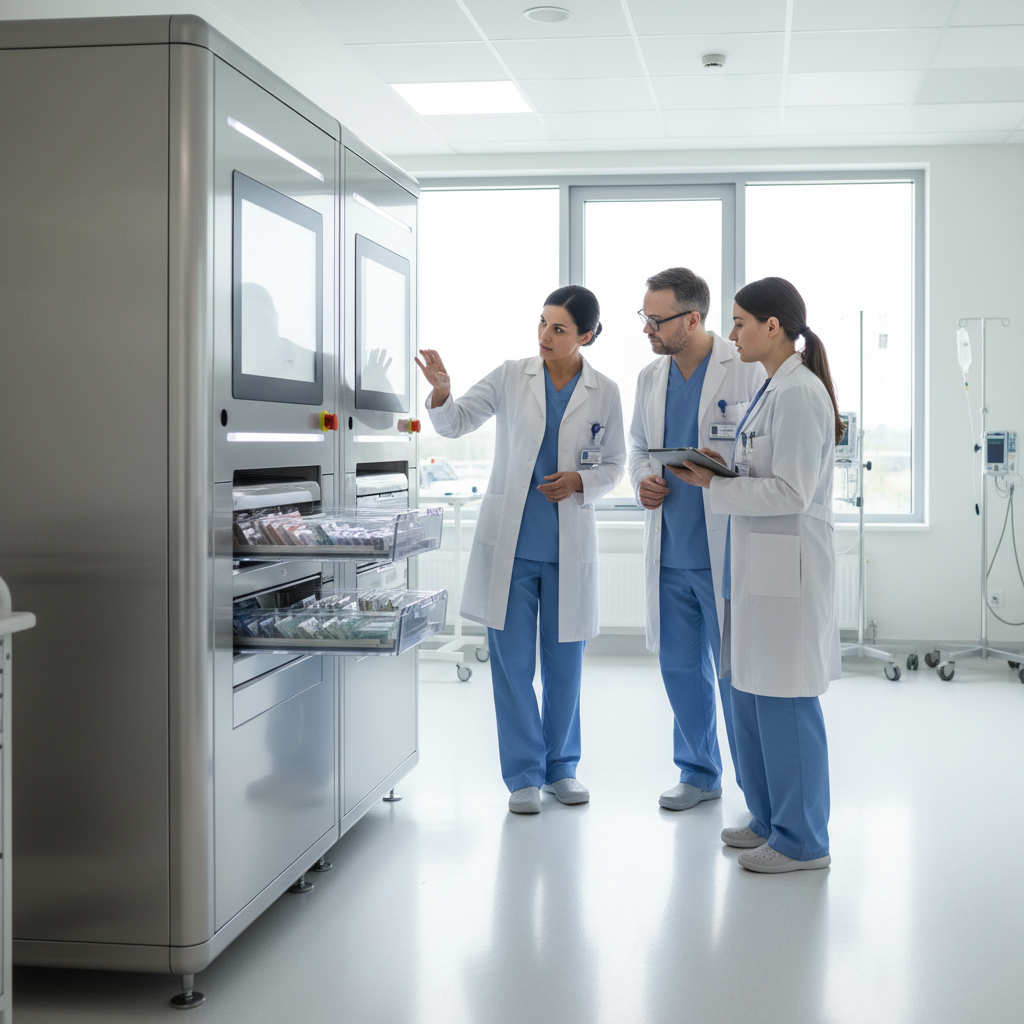 Healthcare professionals undergoing technical training on automated dispensing cabinets in a bright hospital room