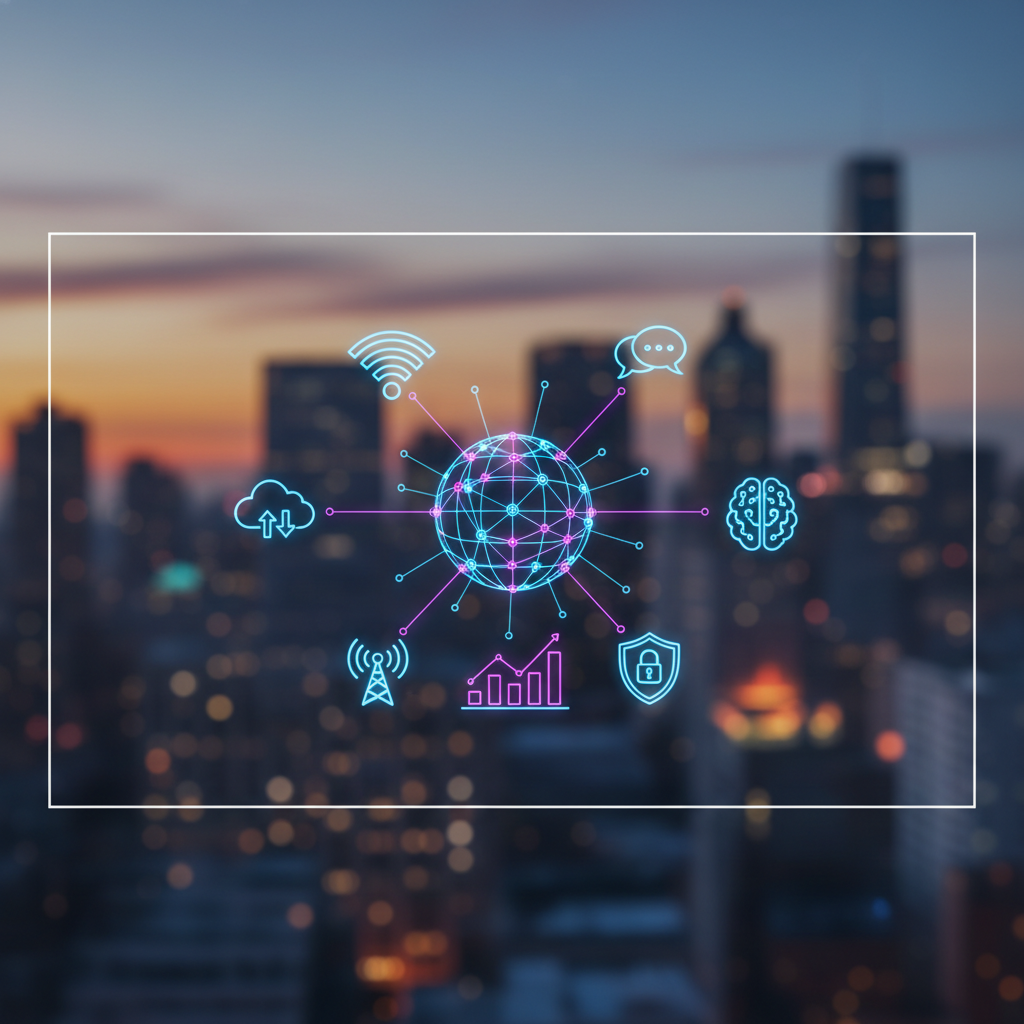 Futuristic digital overlay with icons of connectivity, data, and communication on a blurred city background, blue and purple neon tones