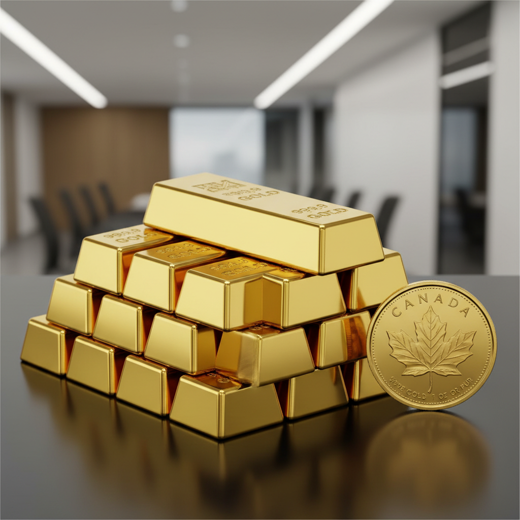 Refined Gold bars stacked next to a Canadian maple leaf coin, high definition, business style photography