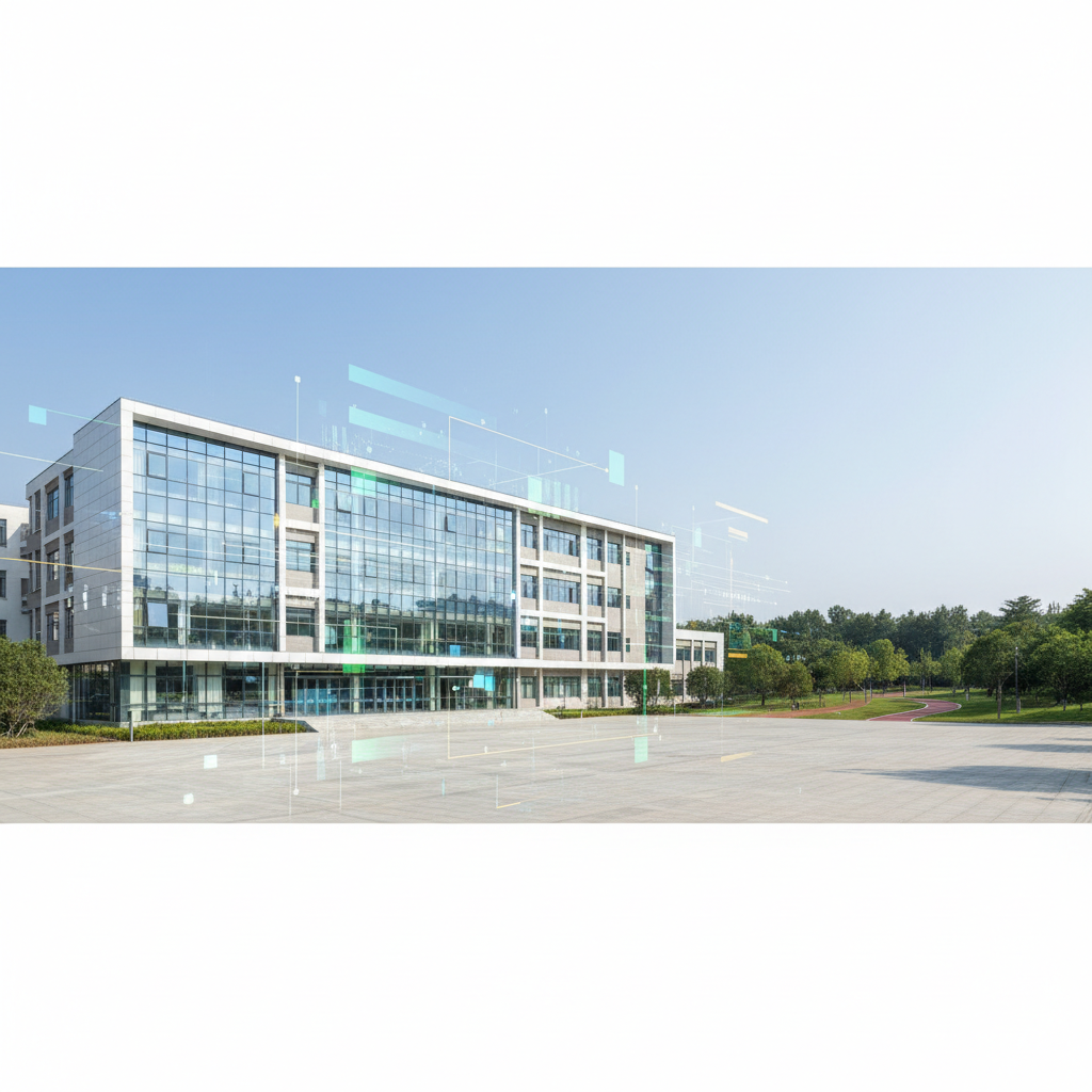 Modern bright school building exterior with digital overlay graphics, blue sky, soft focus, high quality educational background