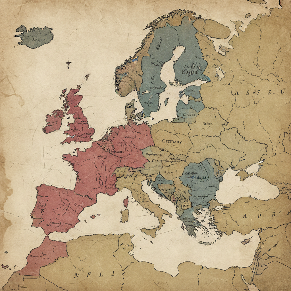 Old vintage political map of Europe 1914 showing alliances, faded paper style, historical aesthetic