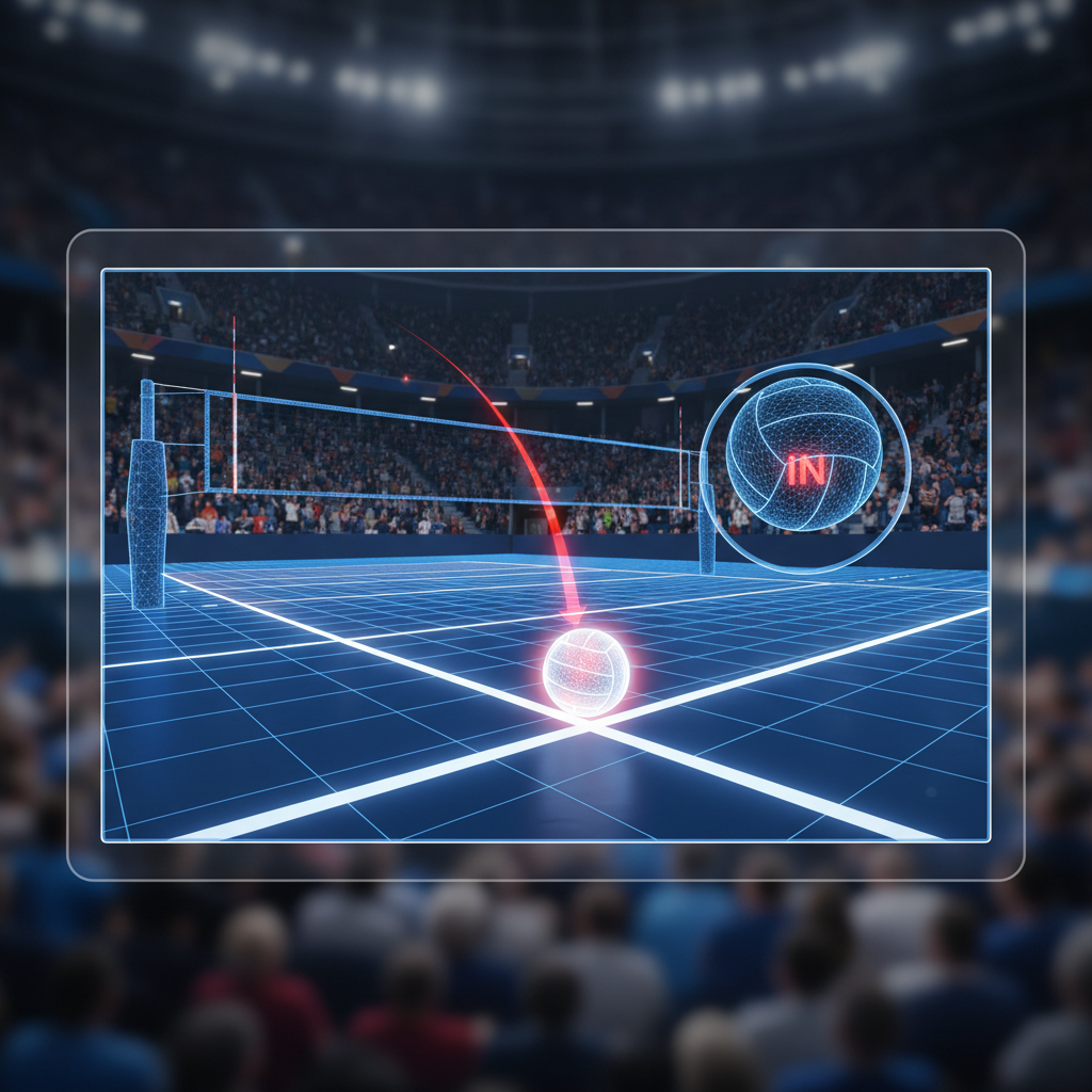 close up of a volleyball innovative video challenge system screen showing ball landing on increase line, hawk-eye technology visualization, stadium background blurred