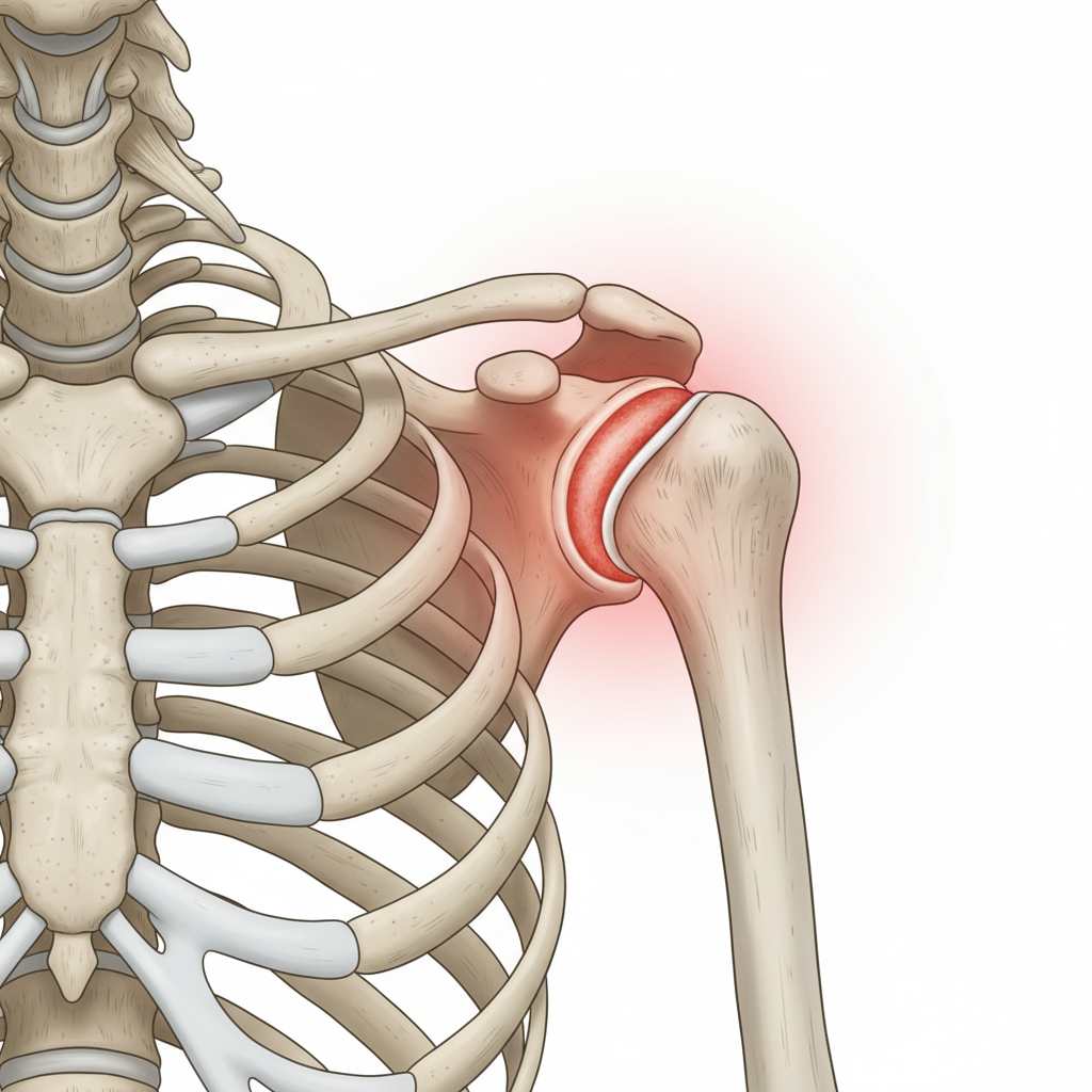 A clean medical illustration of the human shoulder joint (humerus and scapula), anatomical style, photorealistic, with the shoulder joint capsule area highlighted in a soft glowing red to indicate inflammation, white background.
